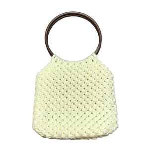 Macrame Handbag Purse Wooden Handle‎ Crochet Knit Boho Chic Cream Small